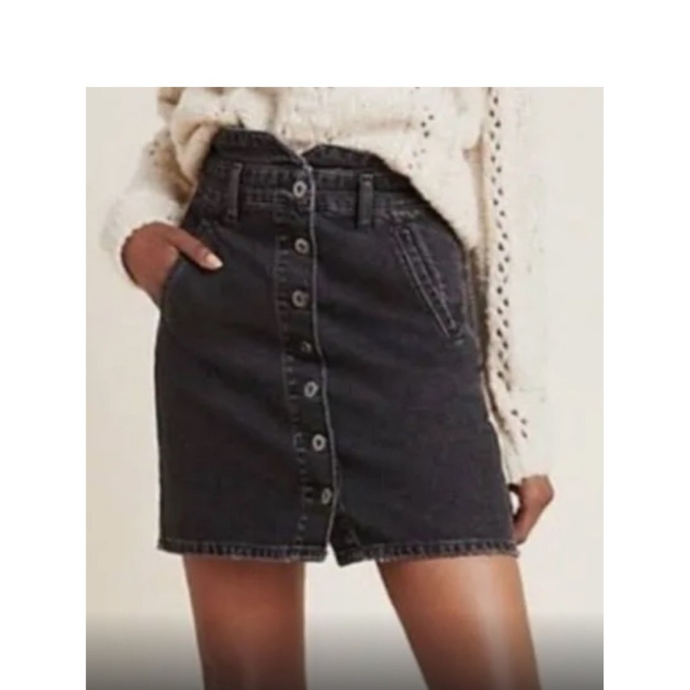 Pilcro Anthropologie Black Denim A-Line Paperbag High Waist Skirt Women's 12 - Picture 2 of 12